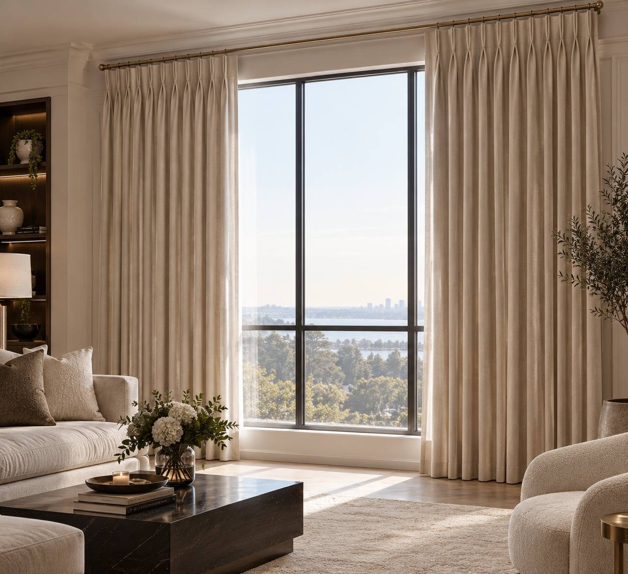Custom pinch pleat curtains in a light linen fabric on a brass rod, framing a tall living room window