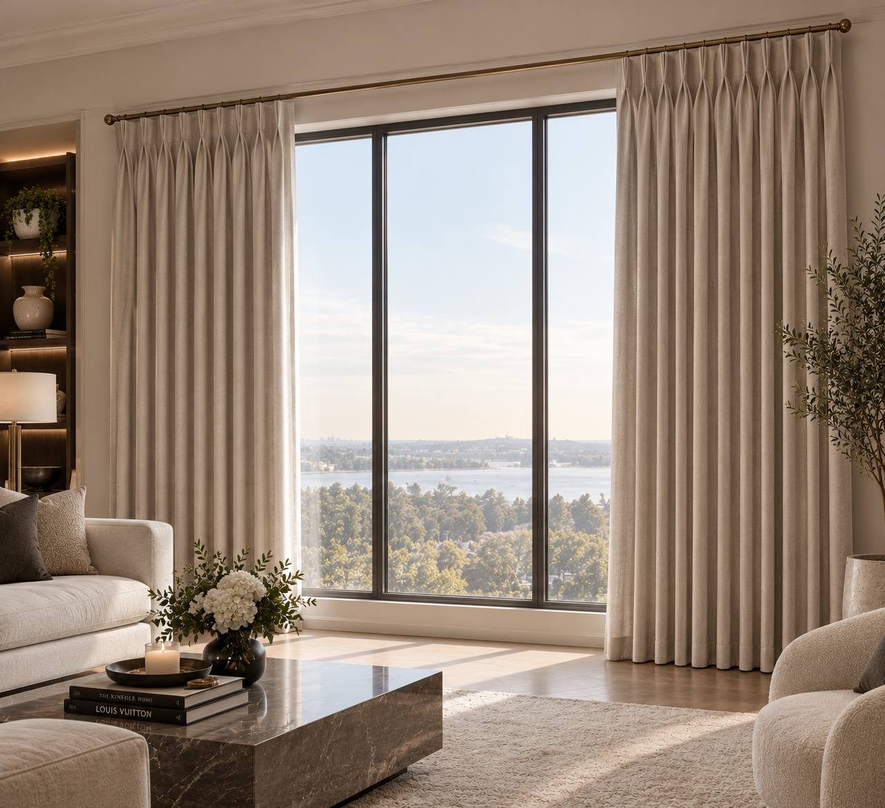Floor-to-ceiling pinch pleat drapes in a neutral fabric, made to measure for a large living room window