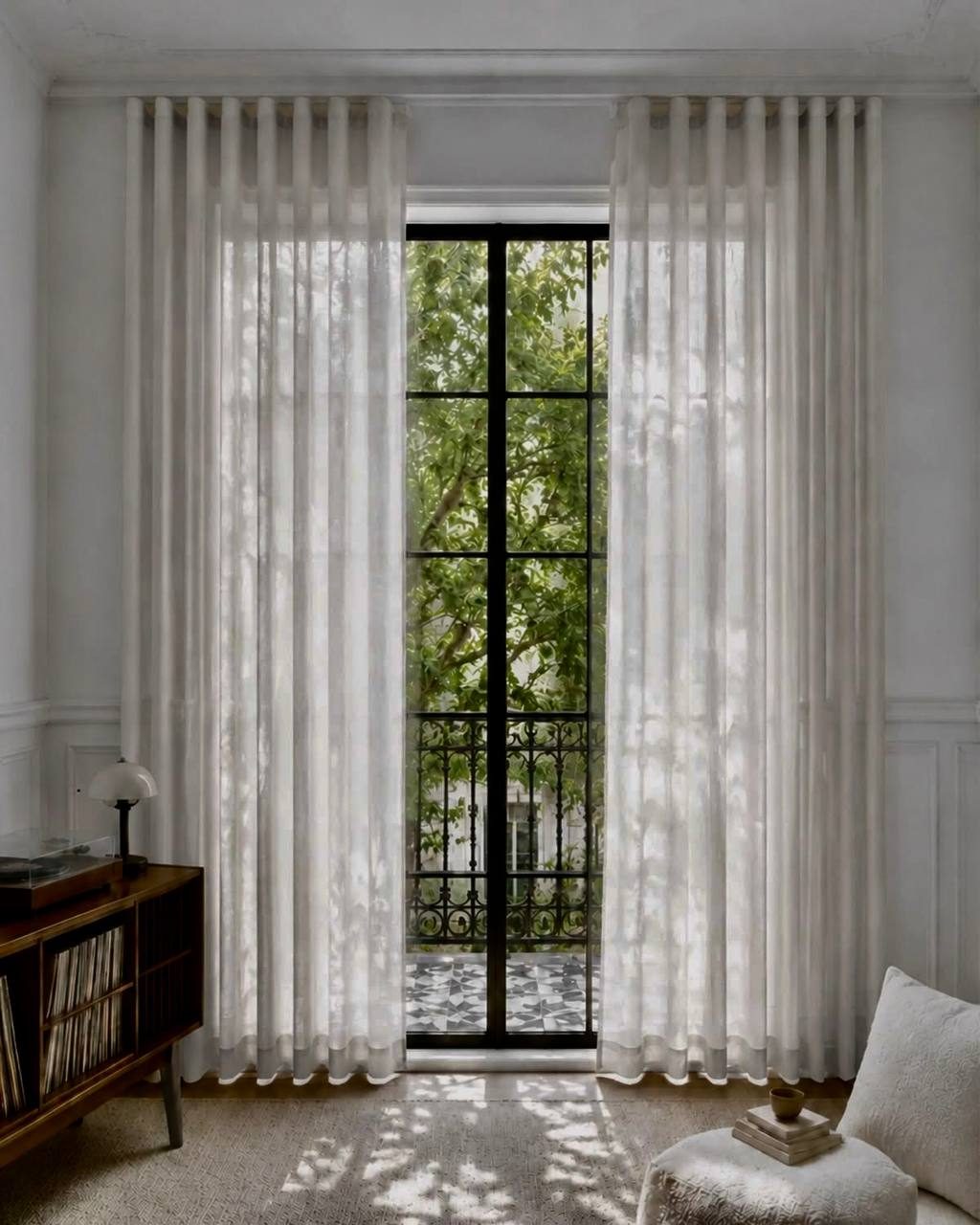 Floor-length white sheer curtains letting soft natural light into a room with a tall black-framed window